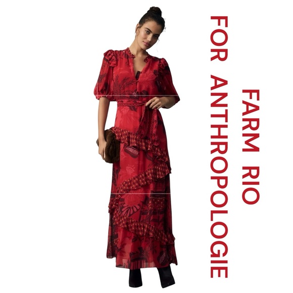 FARM RIO FOR ANTHROPOLOGIE Floral Ruffle Trim Maxi Dress, Size M. - Picture 1 of 11